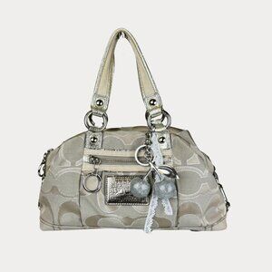 Coach Poppy Signature Satchel Shoulder Hand Bag Tan Silver
